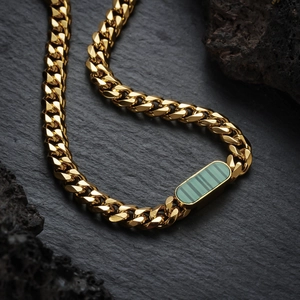 Titanium steel necklace with green shell rectangle pendant on gold Cuban chain