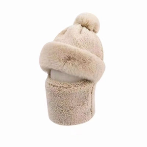 Beige winter plush hooded scarf with earflaps and pompom for windproof cold protection