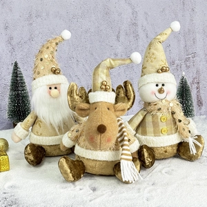 Golden Christmas plush ornaments set featuring Santa, Reindeer and Snowman figurines