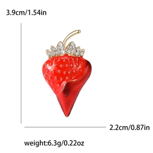Cute red strawberry enamel brooch with rhinestones and size dimensions on white background