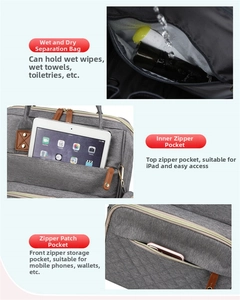 Detail of baby diaper bag showing dry-wet separation pocket and padded iPad sleeve compartment