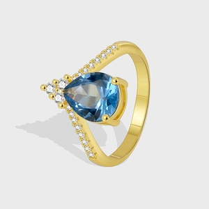 French Vintage Water Drop Blue Zirconia Ring For Women Gold Plated V Shaped Brass Finger Ring Luxury Jewelry Gift
