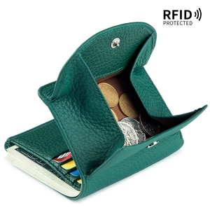 Mini portafoglio RFID in pelle verde a grana con scomparti per carte e monete