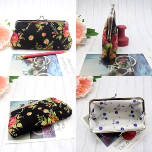Vintage floral canvas kiss-lock wallet with red roses and blue floral lining shown in 4 views