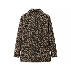 Back view of leopard print plush blazer in deep brown and black with straight-cut silhouette