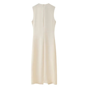 Elegant sleeveless cream midi dress featuring button details and a minimalist back view