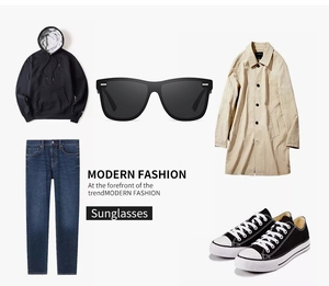 Flat lay of polarized square sunglasses styled with modern fashion casual outfits