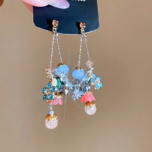 Bohemian Flower Long Tassel Dangle Earrings Colorful Crystal Alloy With 925 Sterling Silver Earring Post Retro