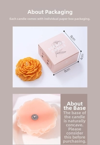 Macro view of peony flower scented candle showing petal textures and gift box packaging