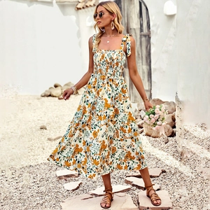 Abito Midi Estivo Da Donna Senza Maniche Arricciato Vita Alta Linea A Stampato Spalline Sottili Vacanze Boho Casual Poliestere