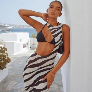 Sexy zebra print mesh cutout midi dress for women with asymmetrical waist design