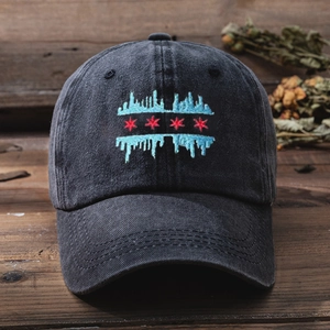 Close-up of Chicago flag embroidery on washed dark grey vintage baseball cap
