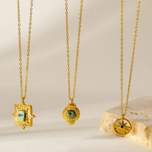 Vintage French Style 18K Gold Plated 304 Stainless Steel Pendant Necklace With Natural African Turquoise For Women