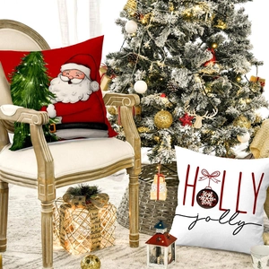 Christmas pillow covers featuring Santa Claus and Holly Jolly prints for holiday decor