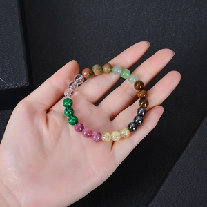 Handheld view of 8mm tiger eye and malachite prosperity beaded bracelet for men and women