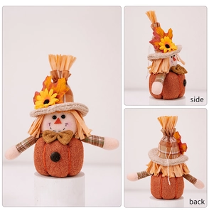 Front, side, and back views of a pumpkin scarecrow gnome with maple leaves and sunflower