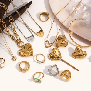 Detailed flat lay of 18K gold plated heart jewelry set with necklace and 11:11 engraving