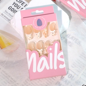 Sweet almond press-on nails set with pink floral patterns and white 3D ribbon bows
