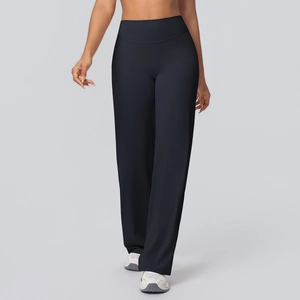 Full-length view of black high-waisted wide-leg yoga pants with brushed matte fabric