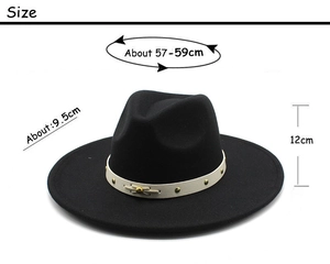 Detailed size chart of the black wool fedora hat with brim width and crown height info