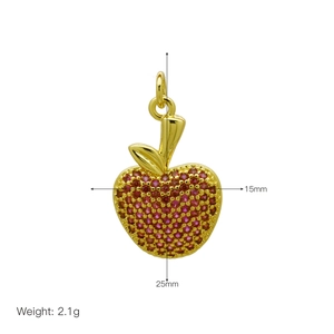Detailed view of apple pendant with red cubic zirconia crystals and size measurements
