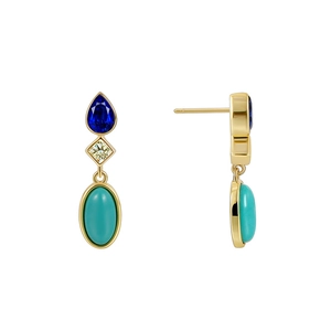 Elegant gold drop earrings with teardrop blue zircon and green turquoise gemstones