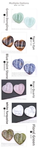 Set of six polished 40mm natural heart crystals including Rose Quartz and Tiger Eye stones