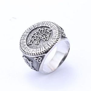 Vintage Viking wolf head ring in stainless steel with Celtic knots and runes engraved