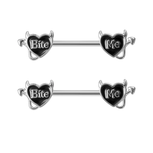 Pair of stainless steel devil heart nipple rings with Bite Me text and black enamel inlay