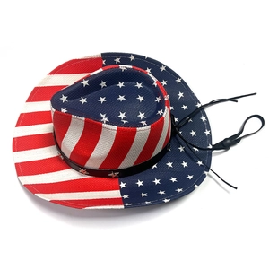 Hand-painted US flag western straw cowboy hat with wide brim and chin strap