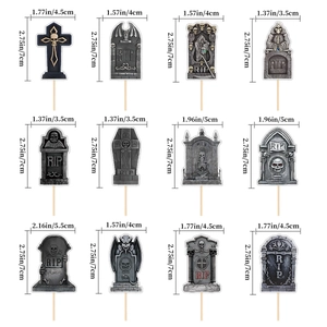 Detailed dimensions of 12 Halloween cake toppers including RIP tombstones and grim reapers