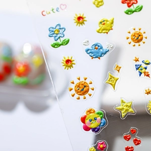 3D embossed nail art stickers with cute colorful sun and flower oil painting designs