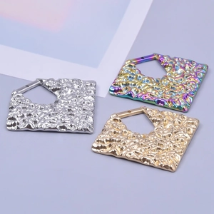 Geometrical square metal pendants in gold, silver, and rainbow colors with hammered texture