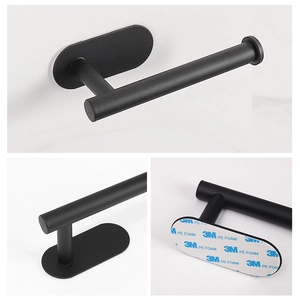 Matte black stainless steel towel rack with 3M adhesive wall mount shown from multiple angles