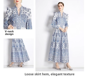 Detail of V-neck design and wide-leg hem on blue and white paisley print jumpsuit