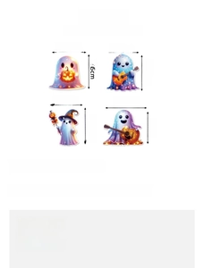 Detailed size specifications for Halloween ghost paper tags including four diverse cartoon styles