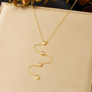 Collier En Y En Acier Inoxydable Plaqué Or Avec Pendentifs Cœur En Zircon Bijoux Chic Minimalistes Pour Femmes