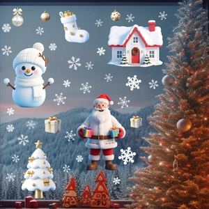 Detailed Christmas window stickers featuring Santa, snowman, and tree in a festive setting