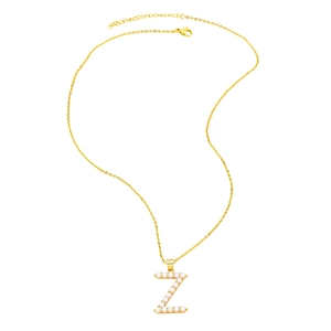 Elegant gold chain necklace featuring a Z-shaped pendant with inlaid white pearls
