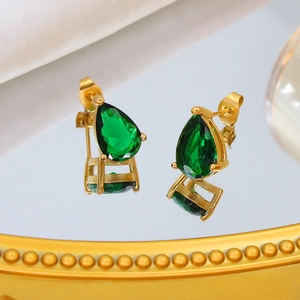 Elegant 18K gold plated drop earrings with deep green pear-shaped zircon stones