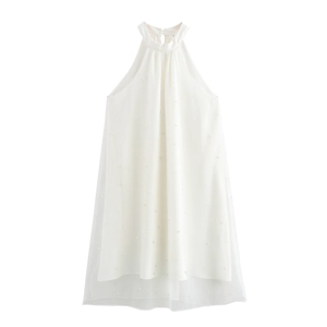 Elegantes Neckholder Mini Kleid Mit Künstliche Perlen Netz Detail Ärmelloses Hohe Taille A-Linie Lose Partykleidung Für Damen