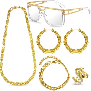 5-piece gold hip hop set with chunky Cuban chain, glasses, bamboo earrings and dollar ring