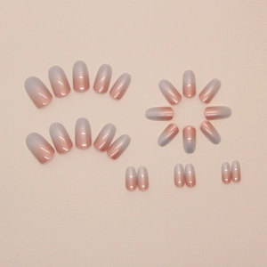 Glossy grey-pink ombre gradient press-on nails in oval shape with various sizes