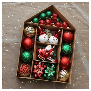 Detailed set of red and gold Christmas ornaments featuring snowmen and shiny baubles