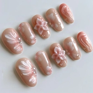 3D Lily Flower Artificial Pearl Gradient Nude Pink Press On Nails Glossy Handmade Style Artificial False Nails