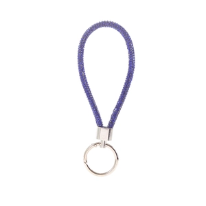 Detailed view of the sparkling blue rhinestone woven lanyard with silver metal keyring