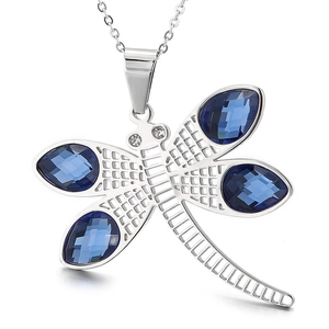 Silver dragonfly necklace with dark blue crystal wings and hollow metal design