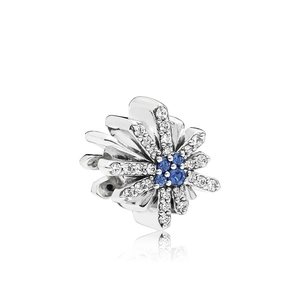 Snowflake charm bead for bracelet with blue and clear crystals on a white background