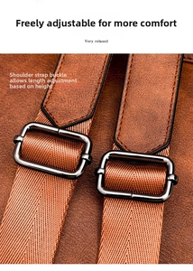 Detail of adjustable brown leather straps with gunmetal buckles on a vintage backpack