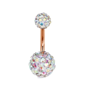 Macro shot of rose gold belly button ring with iridescent AB crystals on white background